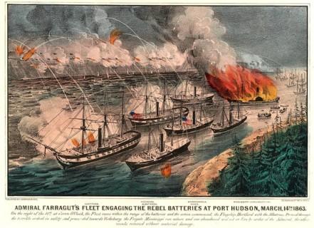 Admiral Farragut's fleet engaged in battle with the Confederate batteries at Port Hudson, 14 March
