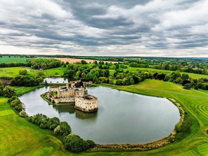 Leeds Castle from a drone, River Len, Kent, England, United Kingdom