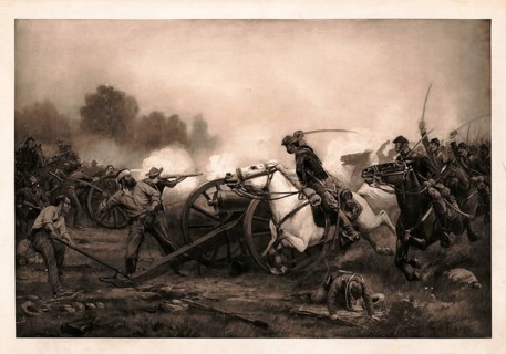Battle scene from the American Civil War with soldiers defending a cannon while cavalry gallops. An