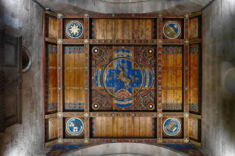 Interior photo of wooden ceiling with heraldic unicorn, St. John's Church, also St. John's Church,