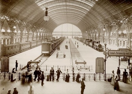 Dresden, main station, terminal station, 1899, locomotive, traffic, travelers, large historic