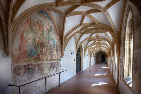 Interior photo, historical wall painting, fresco, cloister, Blaubeuren Abbey, Swabian Jura,