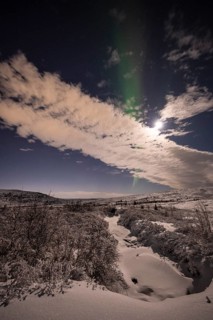 Northern Lights (Aurora borealis) and moonlight, Dundret Nature Reserve, Norrbotten, Lapland,