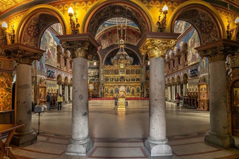 Interior of the Holy Trinity Orthodox Cathedral in Sibiu or Sibiu, Transylvania, Romania