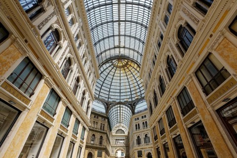Galleria Umberto I, interior view with glass roofs and dome, historic shopping arcade, Naples,