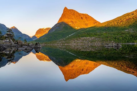 Picturesque mountain landscape in the Innerdalen high valley with Innerdalstårnet peak, mountain