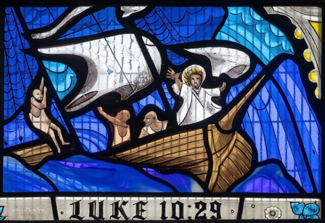 Detail modern stained glass depicting Jesus calming the storm, by Ealish Swift 2023, St Mary