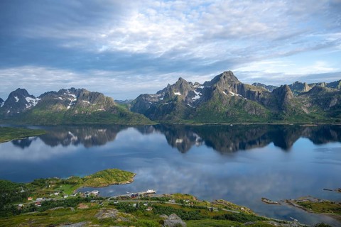 Mountain panorama, view of Raftsund fjord, mountains reflected in the water, view from the summit