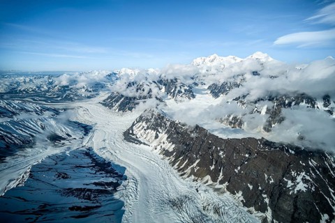 Summit of high mountains with glaciers, aerial view, Alaska Range, Denali National Park, Alaska,
