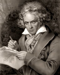 Ludwig van Beethoven with the manuscript of the Missa solemnis, digitally edited based on a