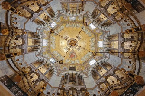 Geometric ceiling vault with wall mosaic, decorations, octagon crafts, ornaments, symmetrical,