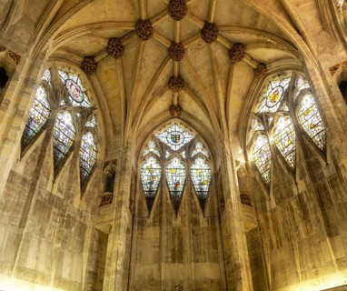 Interior of the unique two-storey hexagonal North Porch, St Mary Redcliffe Church, Bristol,