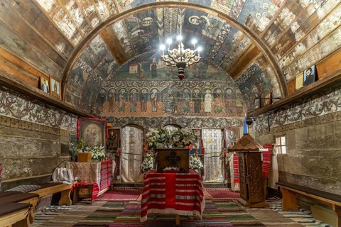 Interior of the wooden church in the ASTRA Museum of Traditional Folk Culture in Sibiu or Sibiu,