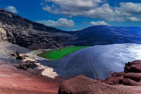 Lanzarote, Canary Islands, Spain, Europe, Bizarre volcanic landscape with green lake and colorful