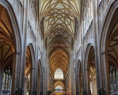 Medieval Gothic design high vaulted ceilings, interior of St Mary Redcliffe church, Bristol,