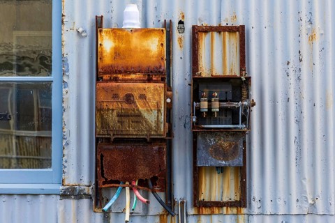 Old rusted three phase power electrical panels on a weathered metal wall in the old shipyards on