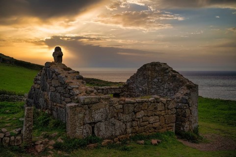 Ruins of the former church of St Helen's Oratory, Cape Cape Cornwall, sunset, St Just in Penwith,