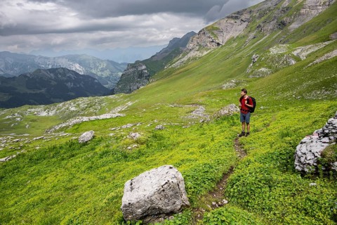 Hikers in Grüner Berglandschft, Kienboden, Bernese Alps, Bernese Oberland, Switzerland