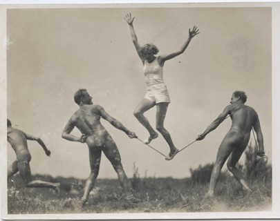 Gymnastics, physical culture, self-assured woman, Siegfried Dietrich (left), sport, a woman jumping