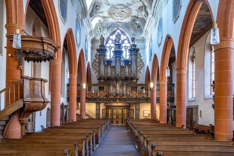 Interior and organ of the St. Sebastian City Church in the old town of Limburg an der Lahn, Hesse,
