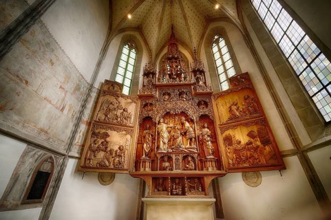Interior view, high altar carved from linden wood, carved altar, choir, Lutheran City Church, Old