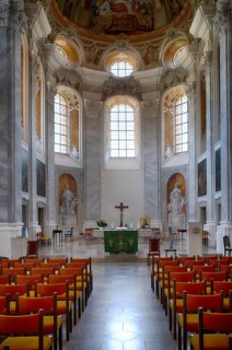 Interior view, nave, chancel, altar, Protestant town church, Ellwangen (Jagst), Baden-Württemberg,