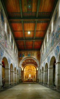 Interior view of the lapidarium, choir room, altar, wooden ceiling, St. John's Church, also St.