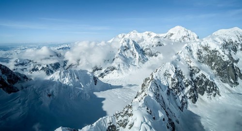 Summit of high mountains with glaciers, aerial view, Alaska Range, Denali National Park, Alaska,