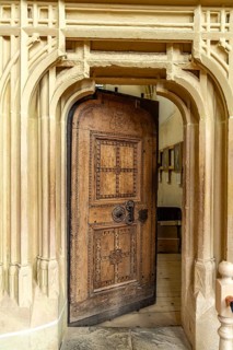 Richly decorated sacristy door from 1515 in the interior of the Biertan fortified church, UNESCO