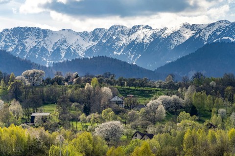 The snow-capped Bucegi Mountains near Bran or Törzburg, Transylvania, Romania