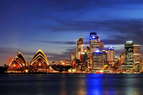 Sydney skyline with Sydney Opera 2 during blue hour, Circular Quay, Sydney Cove, Sydney, New South