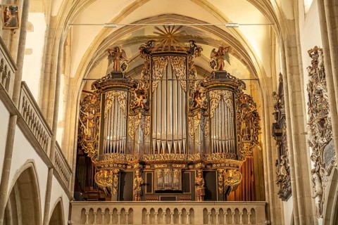 Sauer organ in the interior of the Lutheran parish church in Sibiu or Sibiu, Transylvania, Romania
