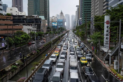 Bangkok, Thailand. August 18th 2026. A busy traffic in downtown central Bangkok during the evening