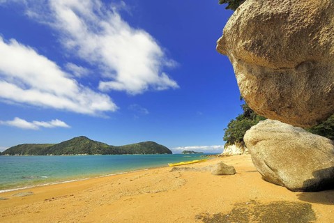 Sea kayaking on sandy beach, Abel Tasman National Park, Tasman Sea, Nelson Region, South Island of