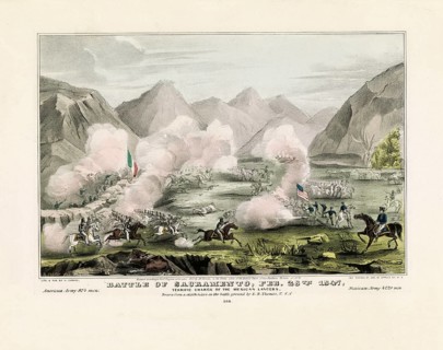 Color lithograph document showing the Battle of Sacramento, Feb. 28th 1847 — Terrific Charge of the