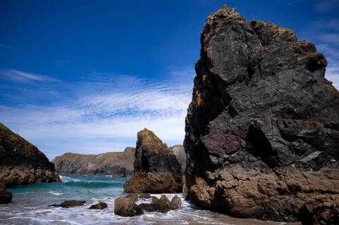 Coastal landscape, coast, rock formations, rocks, sandy beach, beach, sea, Kynance Cove, Mount's