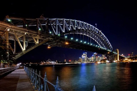 Sydney skyline, Australia, office building and harbour bridge at night, Sydney, Australia,