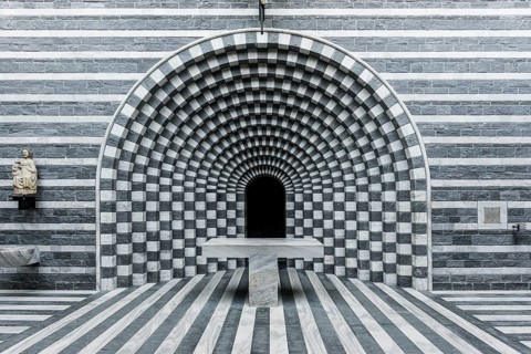 Interior view, modern chapel, San Giovanni Battista, architect Mario Botta, Mogno, Maggia Valley,