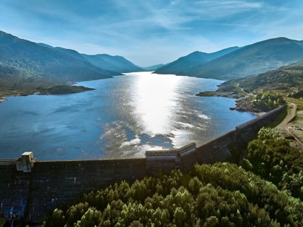 Aerial view of Loch Sealbhanach and Loch Mullardoc, a water reservoir with hydro electric power