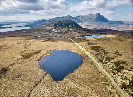 Panoramic aerial photo of the Highland landscape in Lettermore, Fainmore, northern Scotland, UK