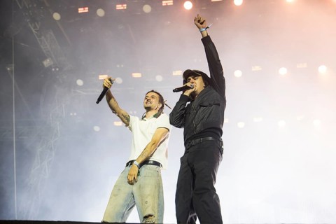 Ion Miles and Longus Mongus, rappers of the band BHZ at Highfield Festival on Friday, Störmthaler