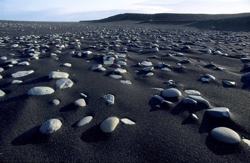 Basalt stones on lava sand, total, Iceland, south coast, stones, lava sand, beach, pattern, coast