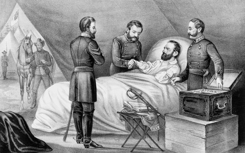 The historical lithograph shows Confederate General Thomas J. Stonewall Jackson on his deathbed in
