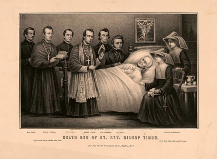 Death of John Timon, the first Catholic Bishop of Buffalo, in 1867. Scene depicts the dying bishop