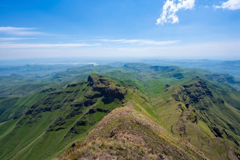 Mountain landscape of the Cathedral Range, view from Cathedral Peak or Cathedralpiek or Mponjwana,