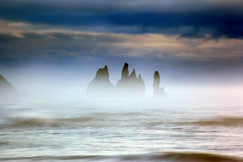 Europe, Iceland, coast in fog, atmosphere, rocks, pinnacles, Atlantic, volcanism, south coast,