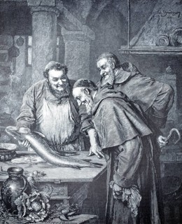Lenten dish. Illustration from 1896 shows three Benedictine monks examining a freshly caught fish