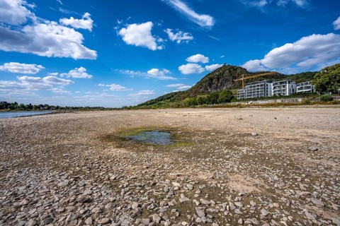 Low tide in the Rhine, dry riverbed, sandbanks, on the right bank of the Rhine near Bad Honnef,