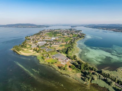 Aerial view of the island of Reichenau in western Lake Constance, Untersee, on the horizon the Höri