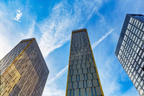 Court of Justice of the European Union, ECJ, office towers in backlight, modern architecture in the